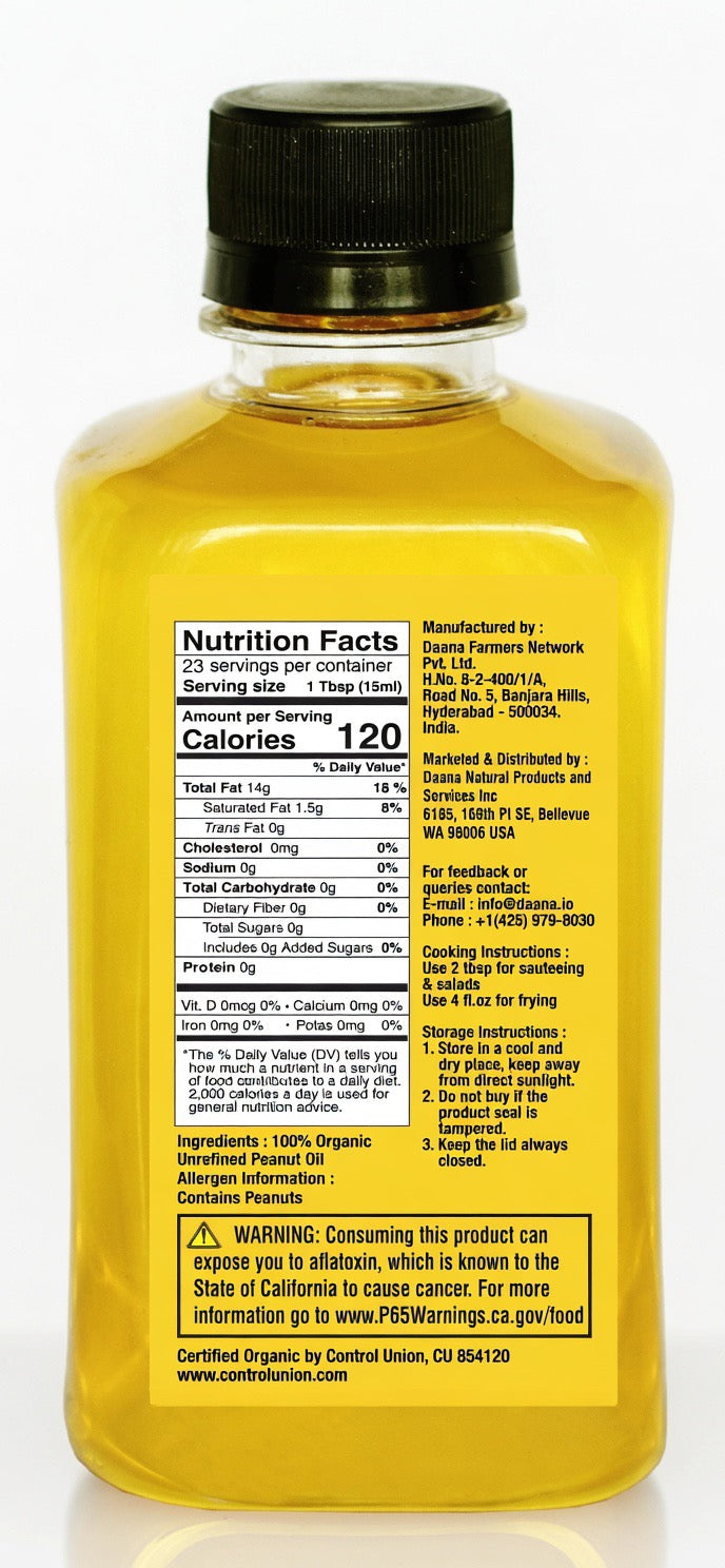 Daana Peanut Oil – Certified USDA Organic, Extra Virgin, Cold Pressed