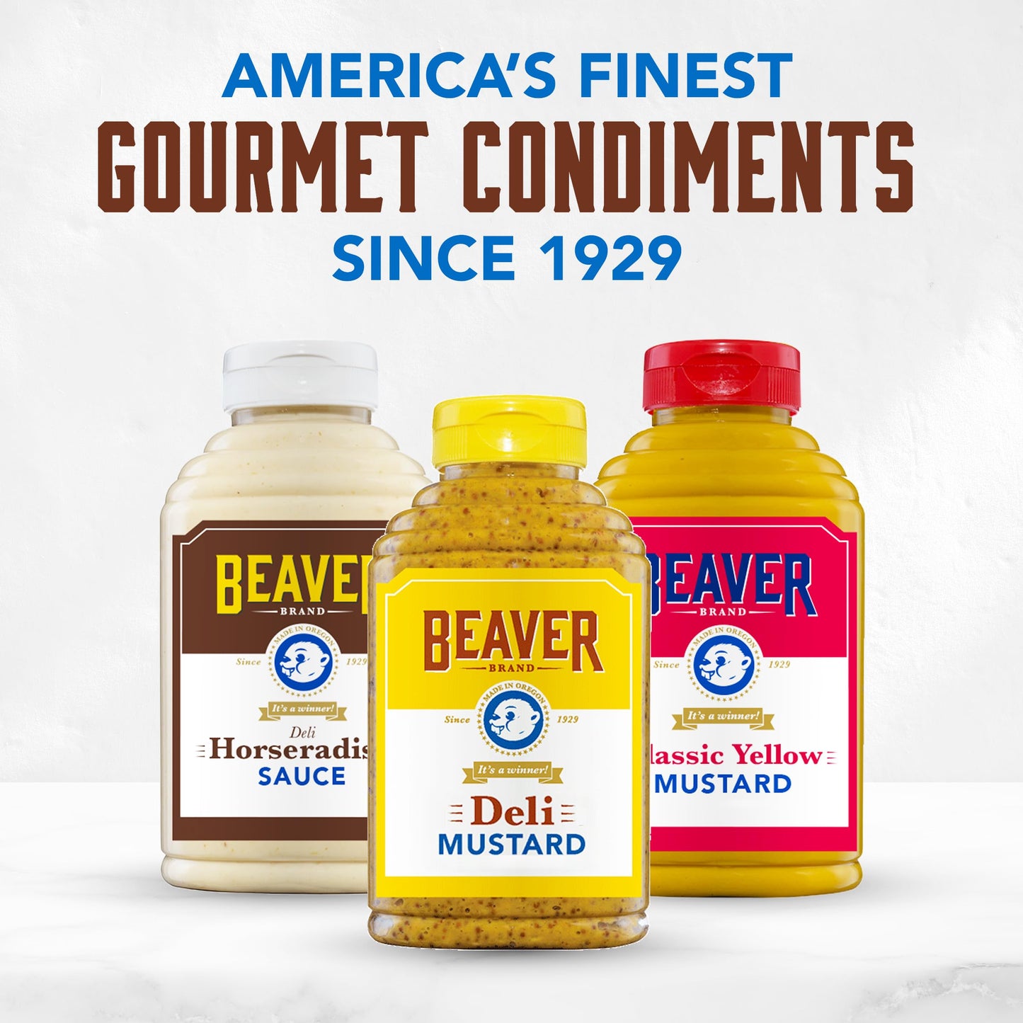 Beaver Condiments Variety Pack, Deli Horseradish, Deli Mustard and Classic Yellow Mustard - Pack of 3