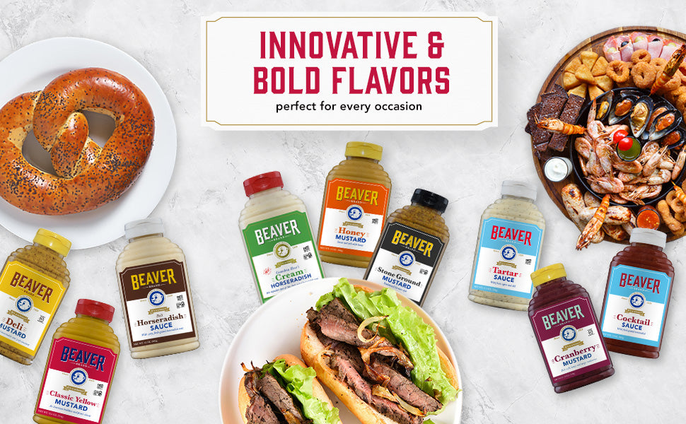 Beaver Condiments Variety Pack, Deli Horseradish, Deli Mustard and Classic Yellow Mustard - Pack of 3