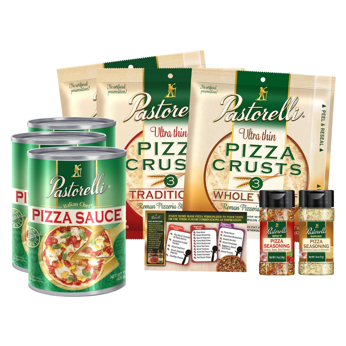 Pastorelli Family Pizza Party Set -Includes 3 Whole Wheat Pizza Crusts 12“, 6 Traditional Pizza Crusts 12”, Italian Chef Pizza Sauce, Savory Pizza Seasoning