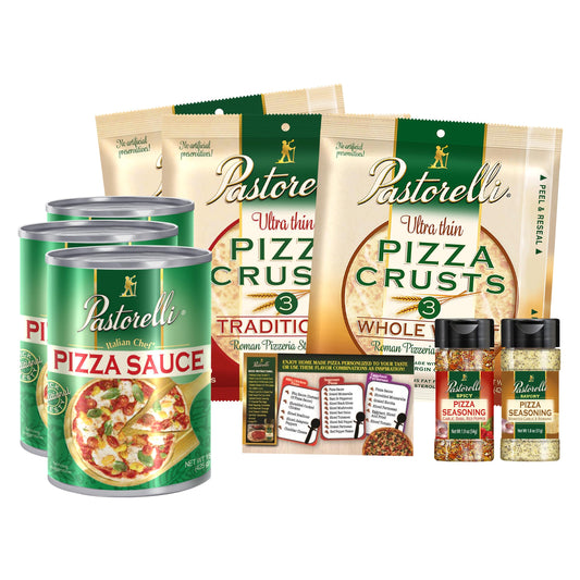 Pastorelli Family Pizza Party Set -Includes 3 Whole Wheat Pizza Crusts 12“, 6 Traditional Pizza Crusts 12”, Italian Chef Pizza Sauce, Savory Pizza Seasoning
