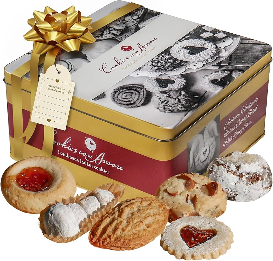 Assorted Italian Cookies Gift Box, 30+ Pieces Individually Wrapped Traditional Gourmet Cookies - 2 lb Square Tin with Authentic Premium Pastries for Holiday Gifting