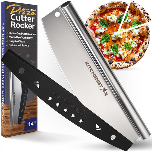 14” Pizza Cutter by KitchenStar | Sharp Stainless Steel Slicer Knife - Rocker Style w Blade Cover