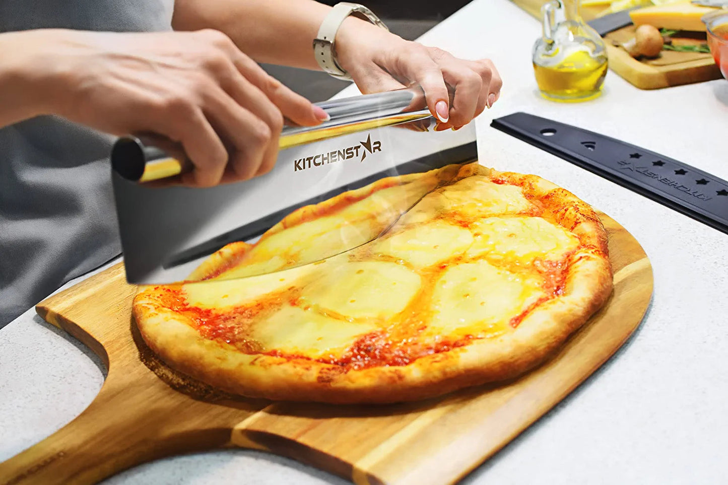 14” Pizza Cutter by KitchenStar | Sharp Stainless Steel Slicer Knife - Rocker Style w Blade Cover