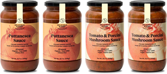 Delicious & Sons - Organic Italian Puttanesca and Porcini Mushroom Tomato Pasta Sauce - Pack of 4 - Keto, Gluten Free