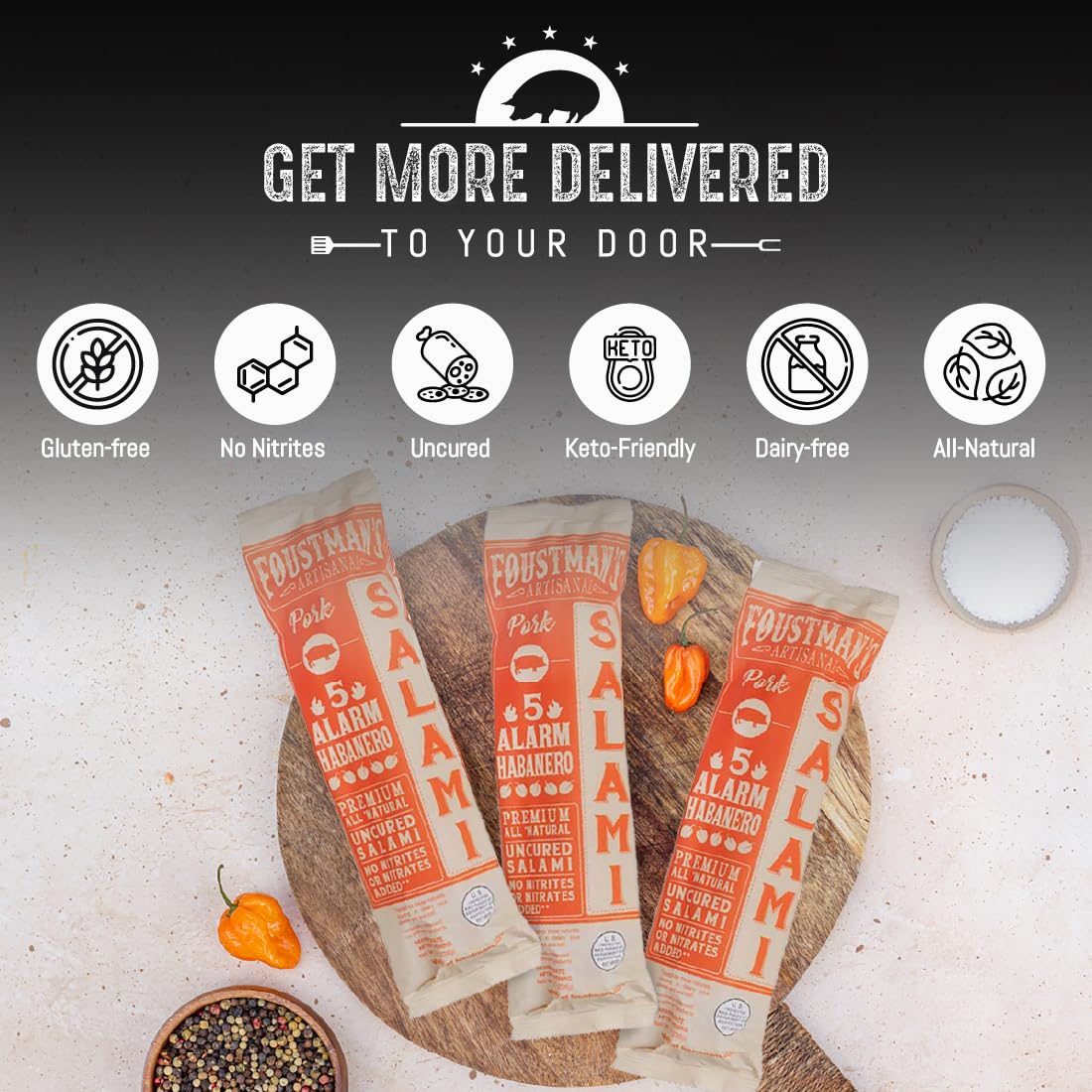 Foustman's Salami Pork 5 Alarm Habanero Artisanal, Nitrate-Free, Naturally Cured, Gluten-Free, Dairy-Free, No Pork - 8 oz Sticks - Pack of 6