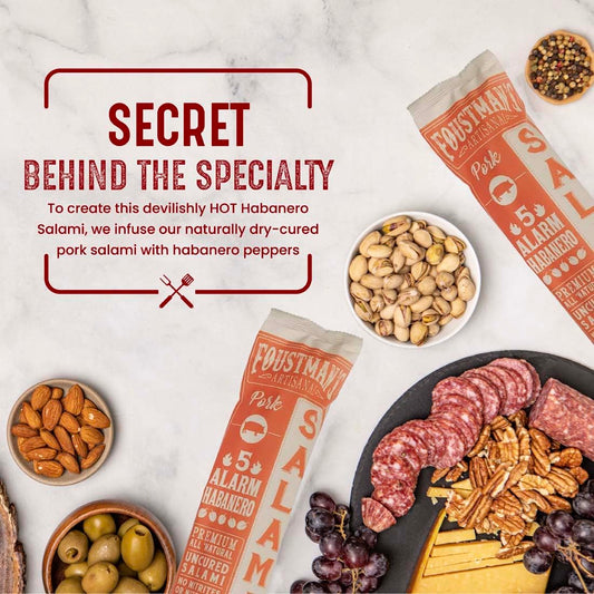 Foustman's Salami Pork 5 Alarm Habanero Artisanal, Nitrate-Free, Naturally Cured, Gluten-Free, Dairy-Free, No Pork - 8 oz Sticks - Pack of 6