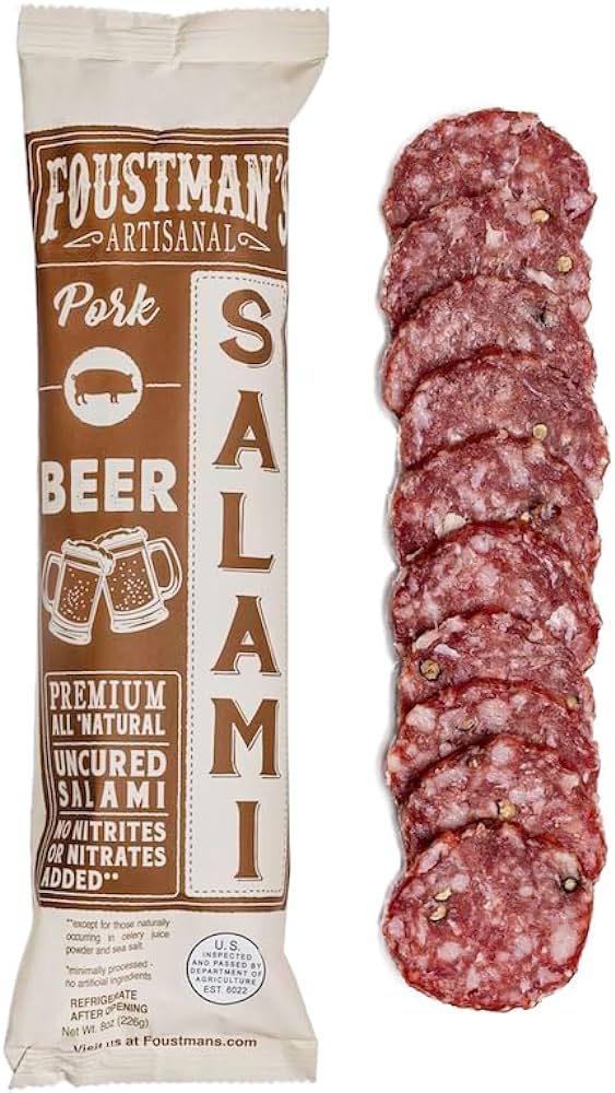 Foustman's Salami Beer Pork Artisanal, Nitrate-Free, Naturally Cured, Gluten-Free, Dairy-Free, No Pork - 8 oz Sticks