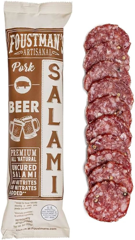 Foustman's Salami Beer Pork Artisanal, Nitrate-Free, Naturally Cured, Gluten-Free, Dairy-Free, No Pork - 8 oz Sticks