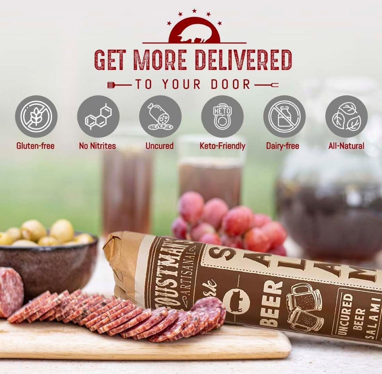 Foustman's Salami Pork Cabernet Win Artisanal, Nitrate-Free, Naturally Cured, Gluten-Free, Dairy-Free, No Pork - 8 oz Sticks - Pack of 3