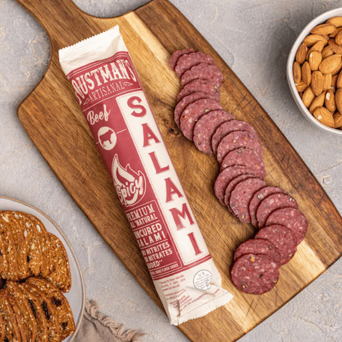 Foustman’s Salami Spicy Beef Artisanal, Nitrate-Free, Naturally Cured, Gluten-Free, Dairy-Free, No Pork - 8 oz Sticks