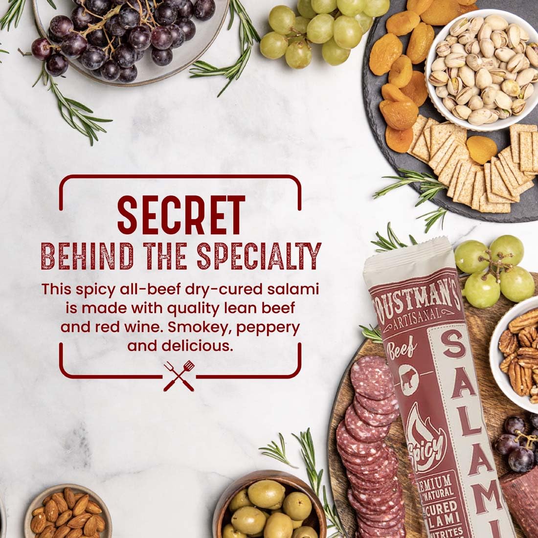 Foustman’s Salami Spicy Beef Artisanal, Nitrate-Free, Naturally Cured, Gluten-Free, Dairy-Free, No Pork - 8 oz Sticks