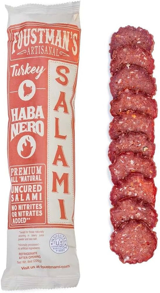 Foustman's Salami Turkey Habanero Artisanal, Nitrate-Free, Naturally Cured, Gluten-Free, Dairy-Free, No Pork - 8 oz Sticks - Pack of 6