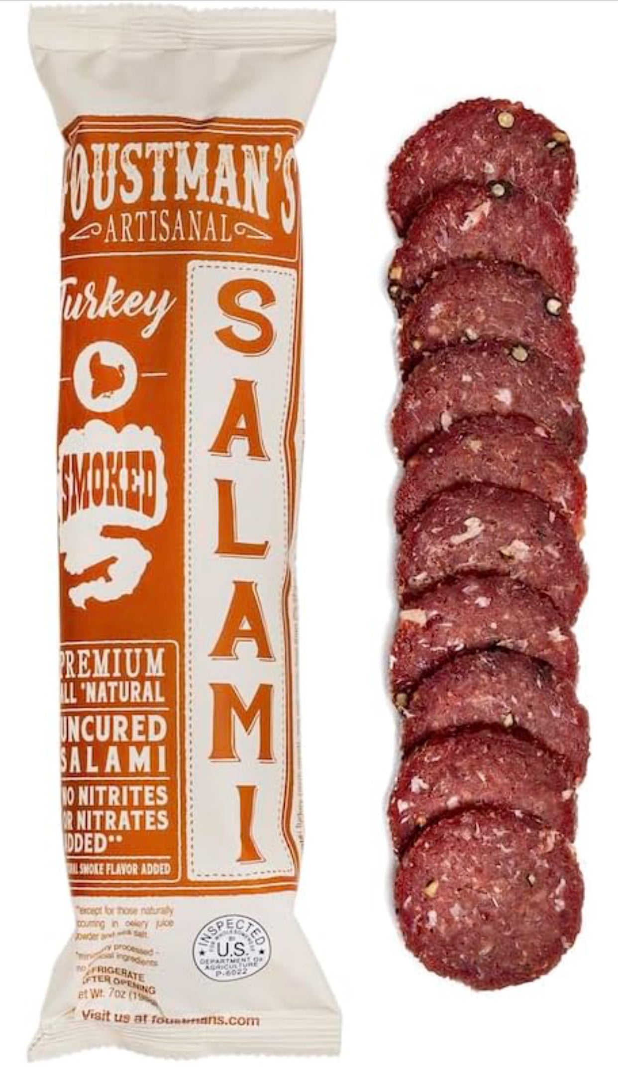 Foustman’s Salami Smoked Turkey Artisanal, Nitrate-Free, Naturally Cured, Gluten-Free, Dairy-Free, No Pork - 8 oz Sticks