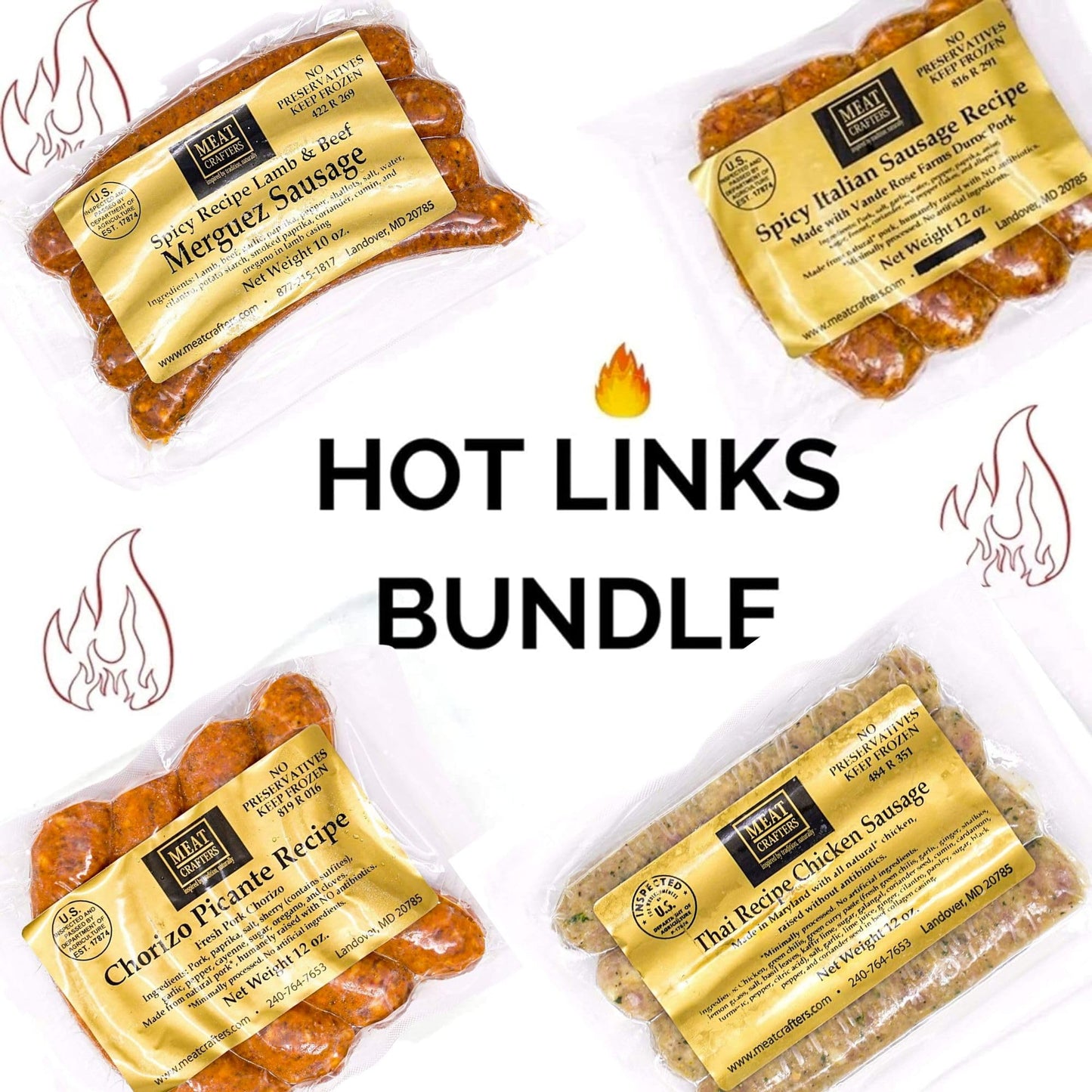 MeatCrafters Hot Links Spicy Sausage Variety Bundle, Chicken, Lamb, Pork, No Antibiotics, Preservative Free - Pack of 4