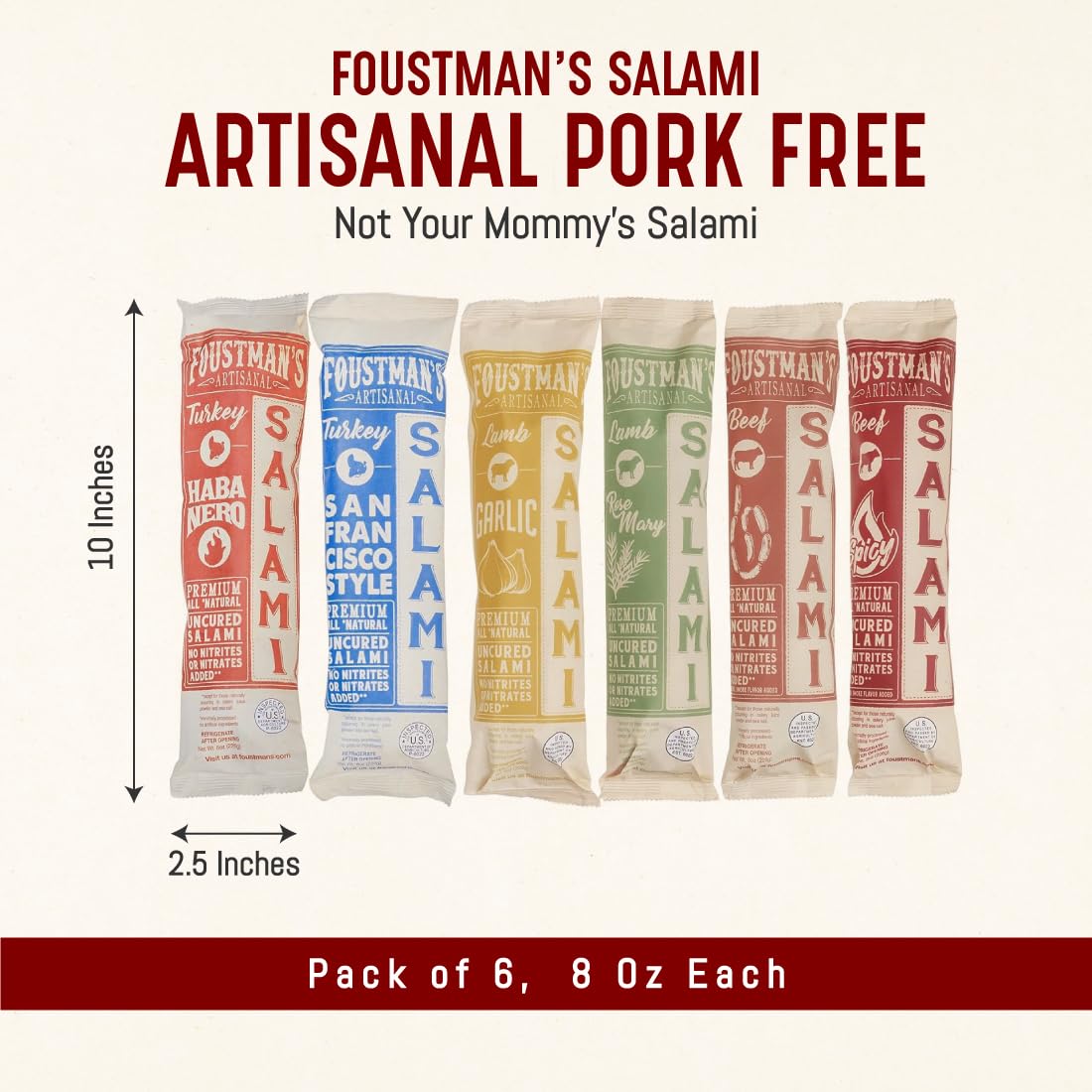 Foustman's Salami Pork Free Mix - Pack of 6 - Nitrate-Free, Naturally Cured, Gluten-Free, Dairy-Free, Flavors - San Francisco Style, Turkey Habanero, Spicy Beef, Lamb Garlic and Rosemary Lamb