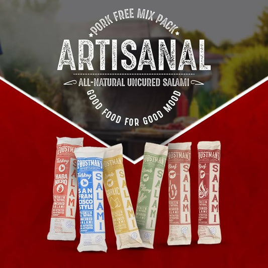 Foustman's Salami Pork Free Mix - Pack of 6 - Nitrate-Free, Naturally Cured, Gluten-Free, Dairy-Free, Flavors - San Francisco Style, Turkey Habanero, Spicy Beef, Lamb Garlic and Rosemary Lamb