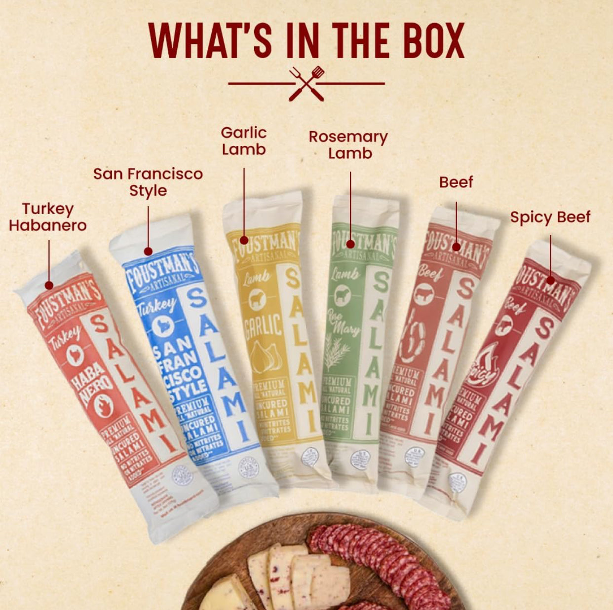 Foustman's Salami Pork Free Mix - Pack of 6 - Nitrate-Free, Naturally Cured, Gluten-Free, Dairy-Free, Flavors - San Francisco Style, Turkey Habanero, Spicy Beef, Lamb Garlic and Rosemary Lamb