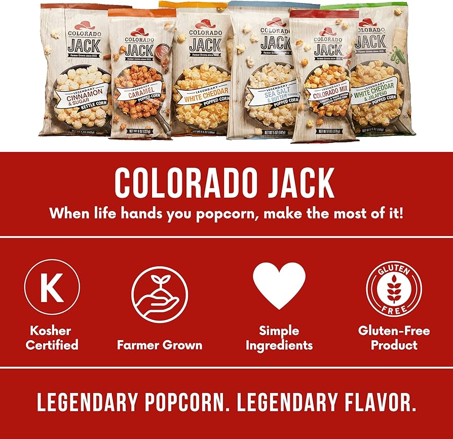 Colorado Jack Gourmet Popcorn Great - Farmer Grown - Gluten Free & Natural Ingredients - Variety Pack of 6
