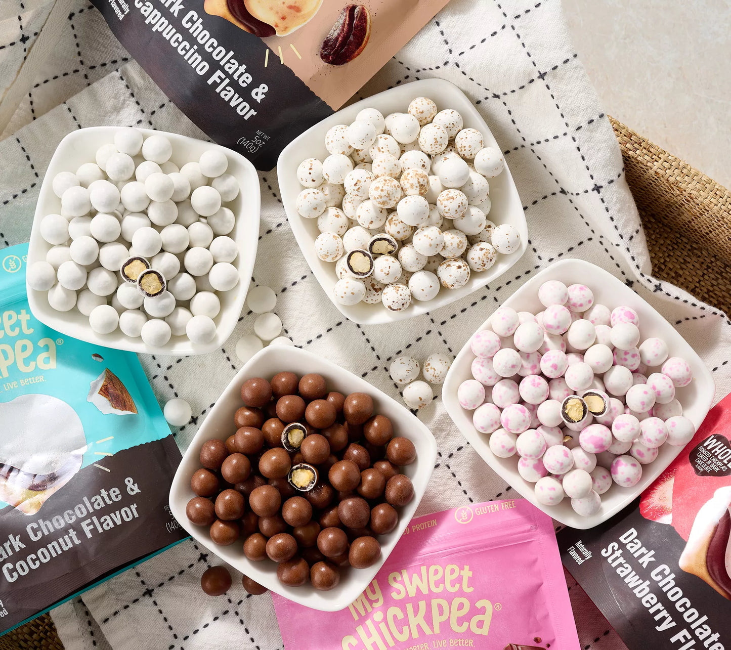 My Sweet Chickpea Chocolate Covered Chickpeas Variety Pack  (4-Pack: Dark Chocolate, Coconut, Cappuccino & Strawberry)