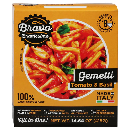 Bravo Bravissimo Gemelli Italian Pasta Noodles, Comes in Tomato & Basil Sauce Flavor, All-In-One Italian Pasta Meal, Sauce, Plate, Fork, Microwavable Meals, GMO Free - Pack of 6