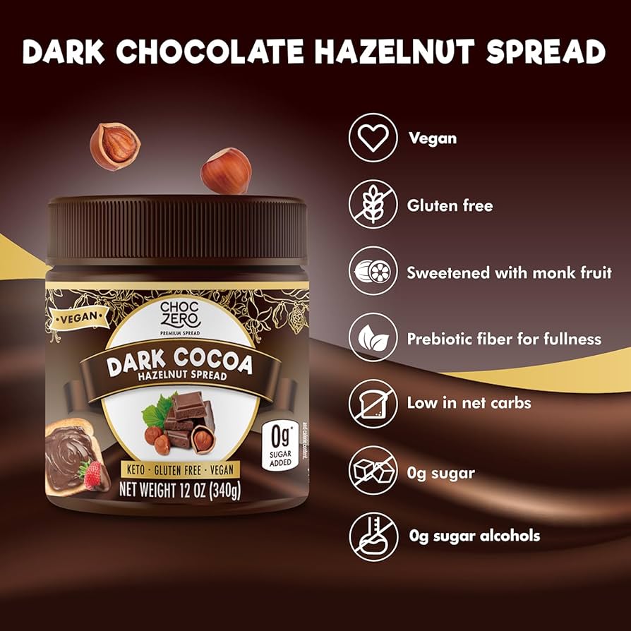 Vegan Dark Chocolate Cocoa Hazelnut Spread by ChocZero - Keto Friendly, Sugar Free Dessert and Keto Bread Topping - Low Carb Chocolate