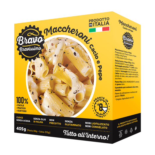 Bravo Bravissimo Maccheroni Italian Pasta Noodles, Comes in Cacio & Pepe Flavor, All-In-One Italian Pasta Meal, Sauce, Plate, Fork, Microwavable Meals, GMO Free - Pack of 6