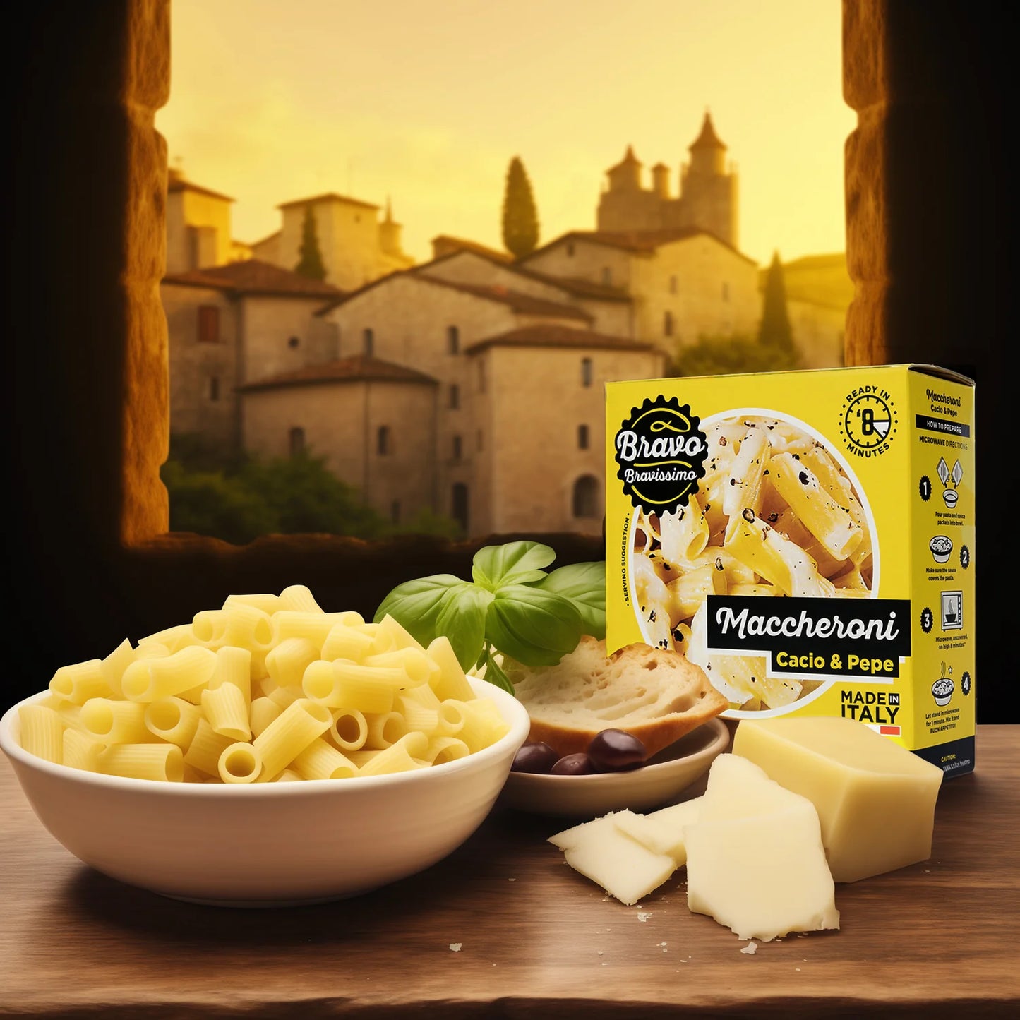 Bravo Bravissimo Maccheroni Italian Pasta Noodles, Comes in Cacio & Pepe Flavor, All-In-One Italian Pasta Meal, Sauce, Plate, Fork, Microwavable Meals, GMO Free - Pack of 6