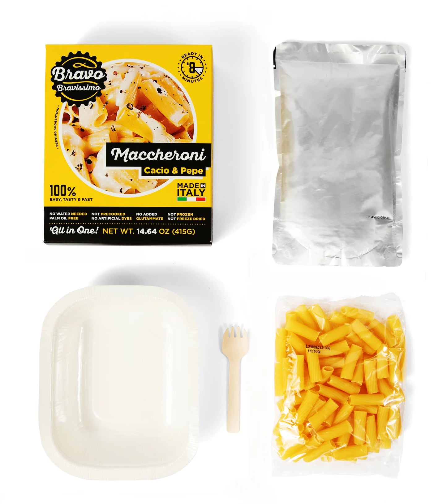 Bravo Bravissimo Maccheroni Italian Pasta Noodles, Comes in Cacio & Pepe Flavor, All-In-One Italian Pasta Meal, Sauce, Plate, Fork, Microwavable Meals, GMO Free - Pack of 6