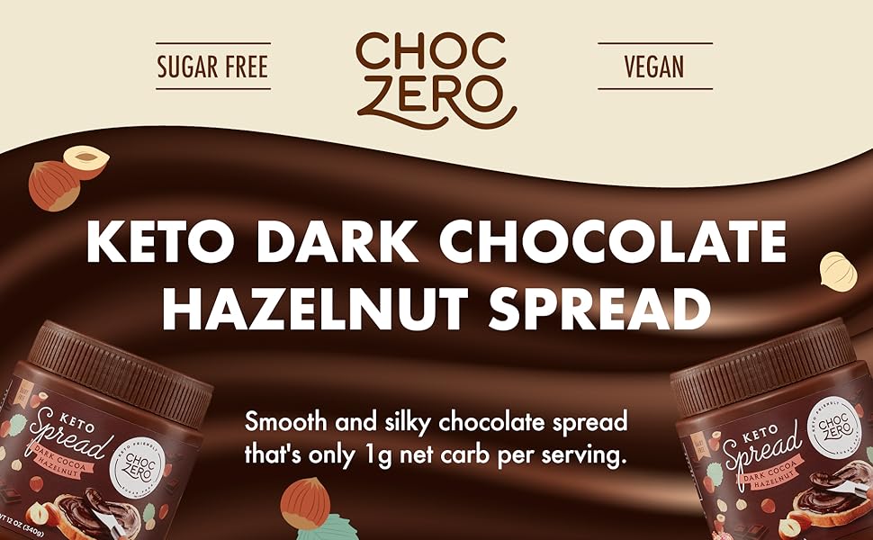 Vegan Dark Chocolate Cocoa Hazelnut Spread by ChocZero - Keto Friendly, Sugar Free Dessert and Keto Bread Topping - Low Carb Chocolate