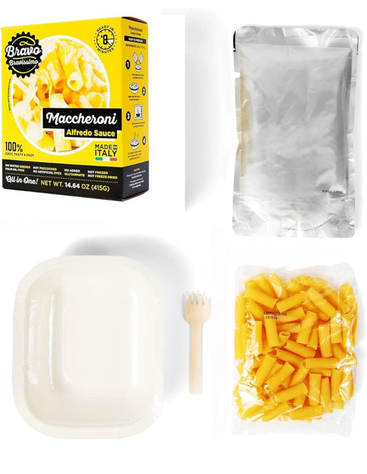 Bravo Bravissimo Maccheroni Italian Pasta Noodles, Comes in Alfredo Sauce Flavor, All-In-One Italian Pasta Meal, Sauce, Plate, Fork, Microwavable Meals, GMO Free - Pack of 6