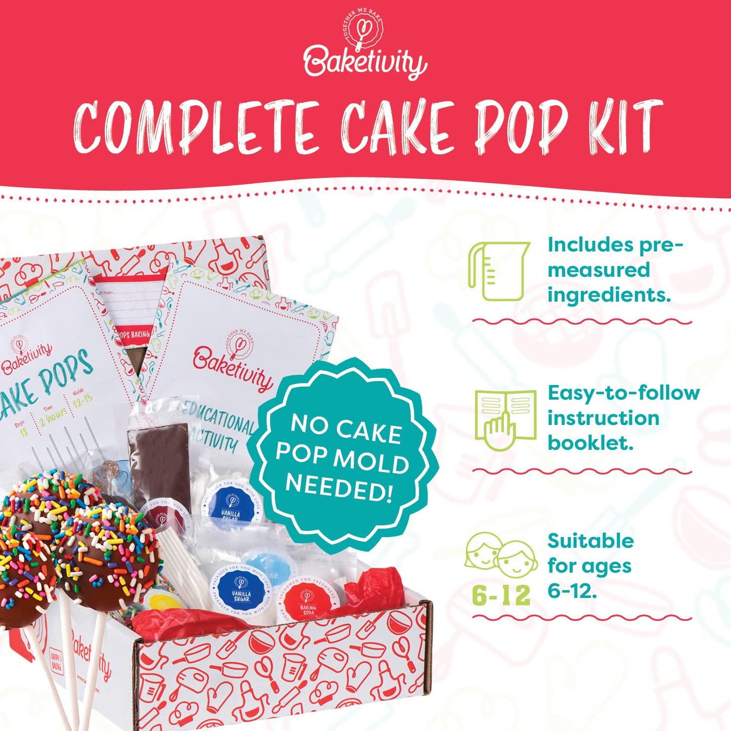 Baketivity DIY Cake Pop Baking Kit for Kids - PreMeasured Ingredients, Decorating Supplies