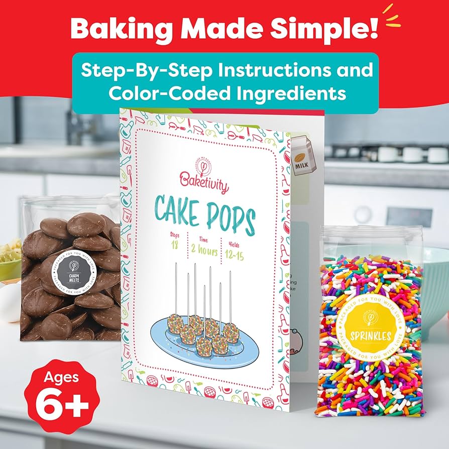 Baketivity DIY Cake Pop Baking Kit for Kids - PreMeasured Ingredients, Decorating Supplies