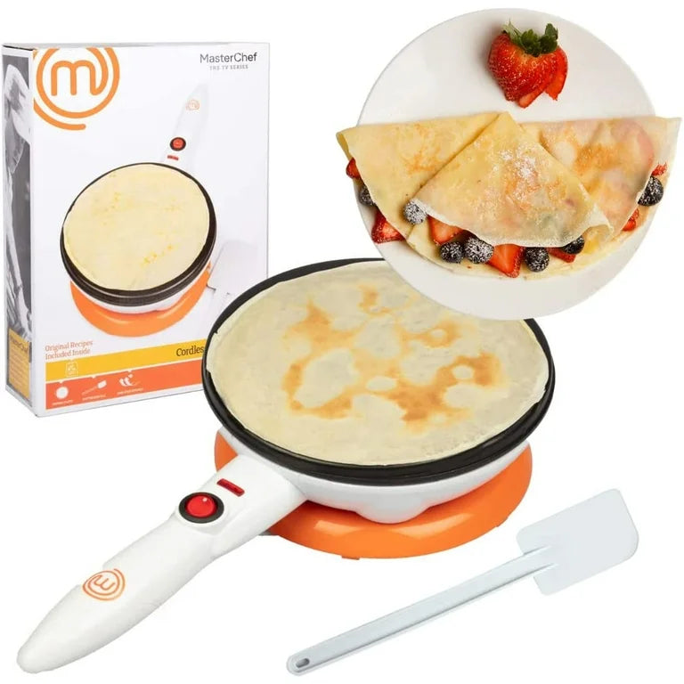 MasterChef Cordless Crepe Maker with Non Stick Dipping Plate plus Electric Base and Spatula, Recipe Guide Included