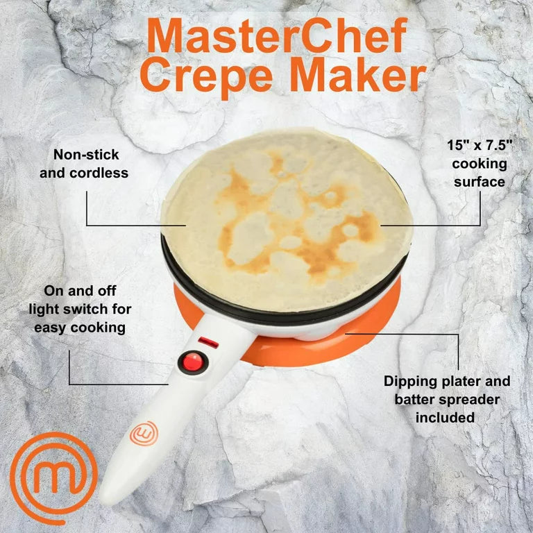 MasterChef Cordless Crepe Maker with Non Stick Dipping Plate plus Electric Base and Spatula, Recipe Guide Included