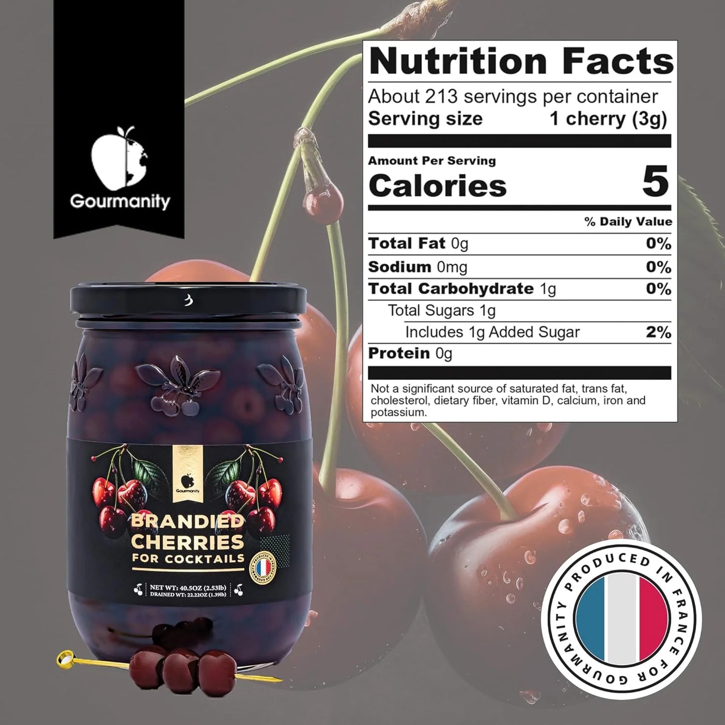 Gourmanity Brandied Cocktail Cherries, French Morello Cherries in Kirsch Brandy, for Cocktails and Desserts Kosher, Product of France - 2.5 lb