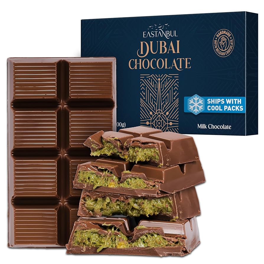 Eastanbul Dubai Dark Chocolate Bar Pistachio, 7oz, Premium Belgium Chocolate, Pistachio Dubai Bar - Gift Box