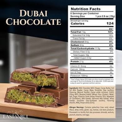 Eastanbul Dubai Chocolate Bar Pistachio, 7oz, Premium Belgium Chocolate, Pistachio Dubai Bar - Gift Box