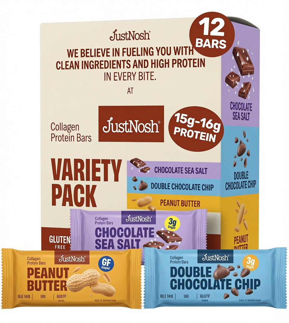 JustNosh Best Sellers Sampler Pack Collagen Protein Bars - 15g Protein • 10g Collagen • Gluten-Free • Dairy-Free • Low FODMAP • Seed Oil Free - 12-Pack