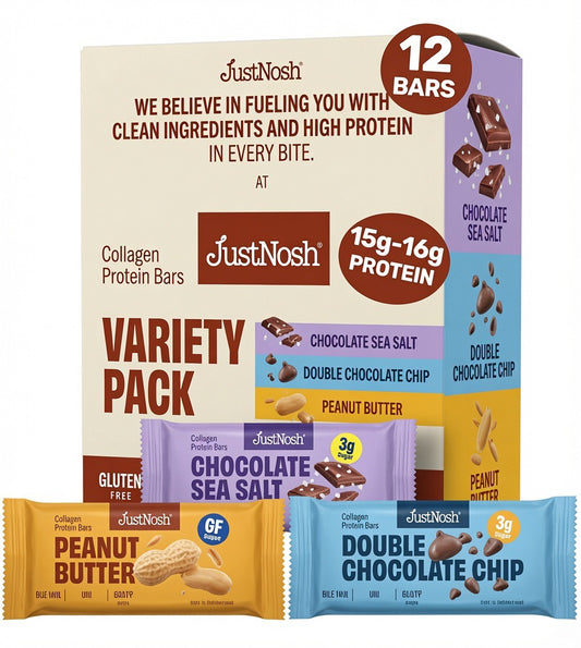 JustNosh variety pack of collagen protein bars, showing the main retail box with flavor options and three individually wrapped bars in front: peanut butter, chocolate sea salt, and double chocolate chip.
