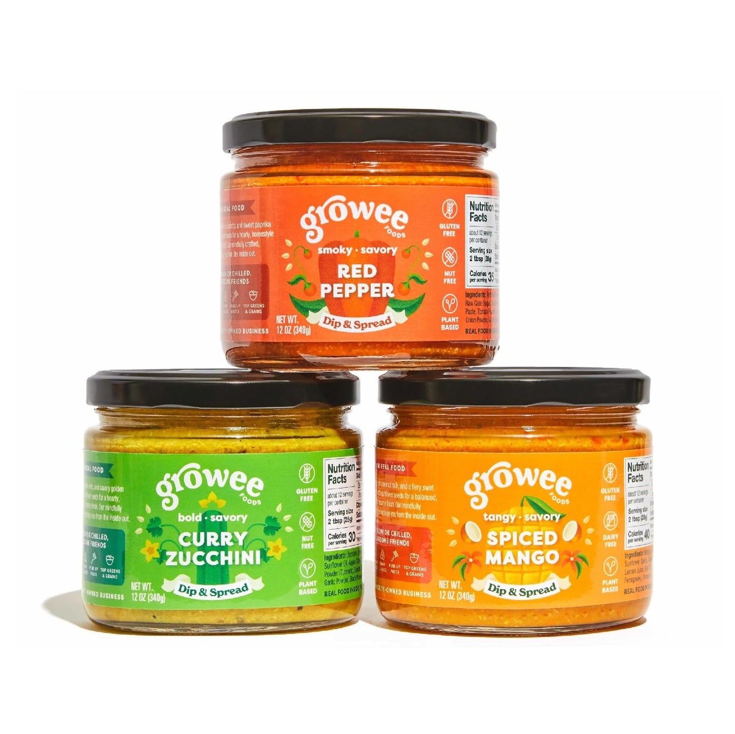 Growee Foods Vegan Trio - Spiced Mango Spread, Three Pepper Spread & Curry Zucchini Sandwich Spread - Creamy Vegan Spread, Gluten-Free, Plant-Based, Non-GMO