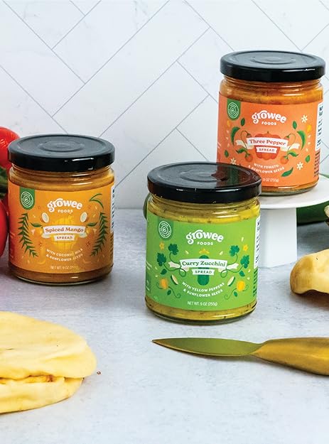 Growee Foods Vegan Trio - Spiced Mango Spread, Three Pepper Spread & Curry Zucchini Sandwich Spread - Creamy Vegan Spread, Gluten-Free, Plant-Based, Non-GMO