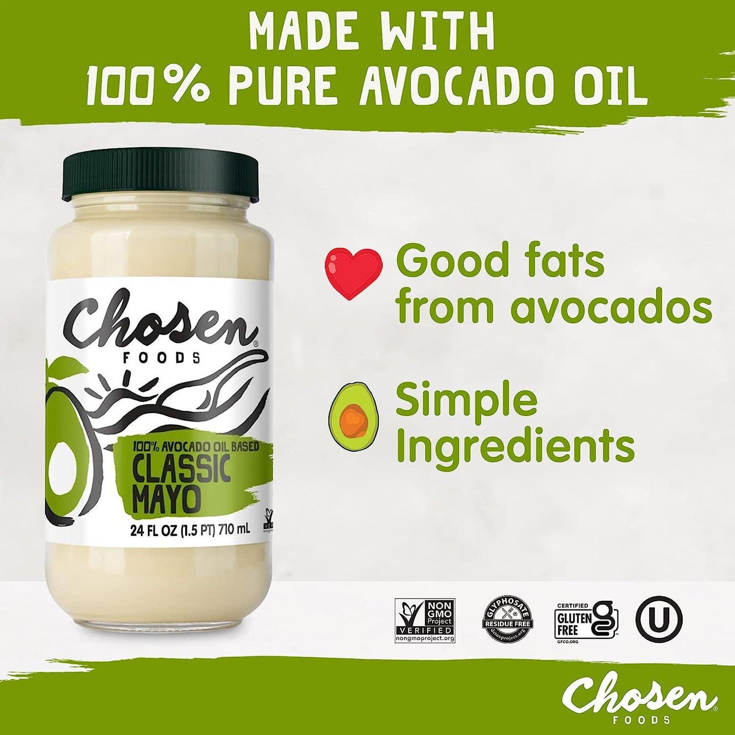 Chosen Foods Classic Vegan Avocado Oil-Based Mayonnaise, Gluten & Dairy Free, Low-Carb, Keto Diet Friendly, Mayo for Sandwiches, Dressings and Sauces, 24 oz