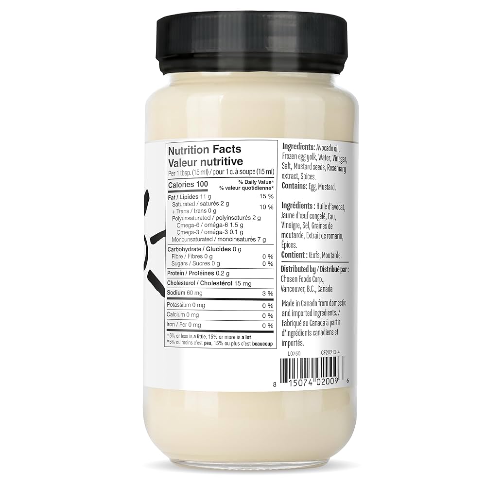 Chosen Foods 100% Avocado Oil-Based Classic Mayonnaise, 24 floz, Gluten & Dairy Free, Low-Carb, Keto Diet Friendly, Mayo for Sandwiches, Dressings and Sauces, Made with Cage Free Eggs