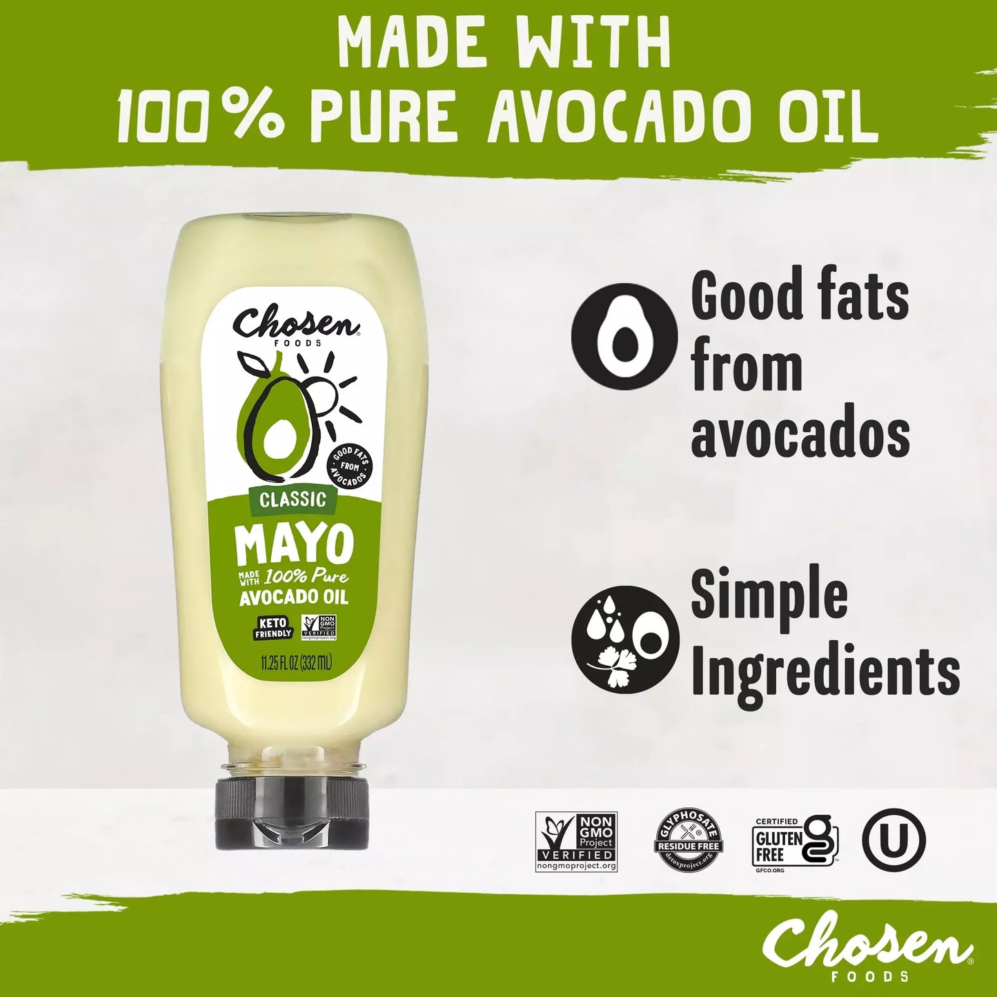 Chosen Foods 100% Avocado Oil-Based Classic Squeeze Mayonnaise, 11.25 oz, Non-GMO, Low-Carb, Keto Diet Friendly, Mayo for Sandwiches, Dressings and Sauces, Made with Cage Free Eggs - Pack of 2