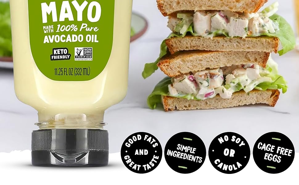 Chosen Foods 100% Avocado Oil-Based Classic Squeeze Mayonnaise, 11.25 oz, Non-GMO, Low-Carb, Keto Diet Friendly, Mayo for Sandwiches, Dressings and Sauces, Made with Cage Free Eggs - Pack of 2