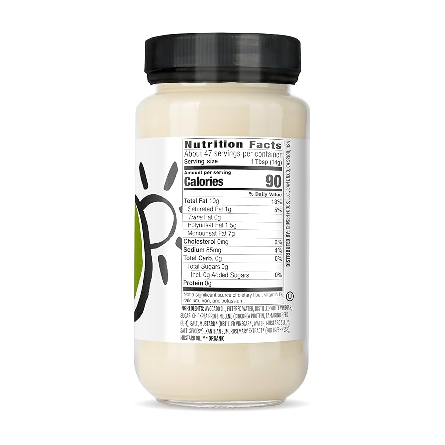 Chosen Foods Classic Vegan Avocado Oil-Based Mayonnaise, Gluten & Dairy Free, Low-Carb, Keto Diet Friendly, Mayo for Sandwiches, Dressings and Sauces, 24 oz