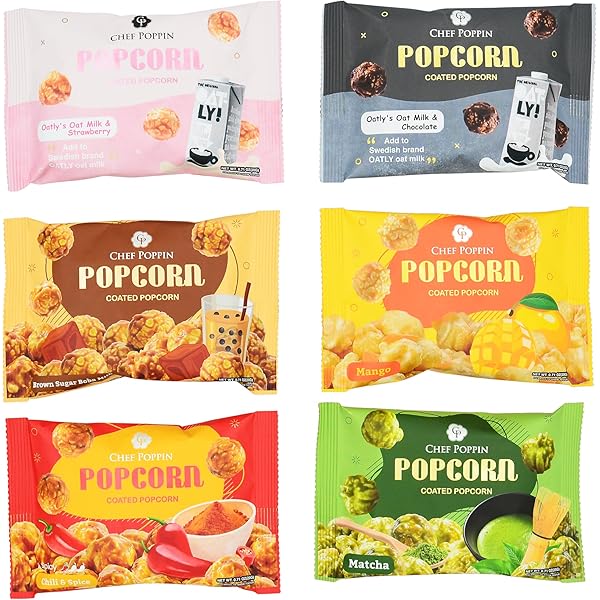 CHEF POPPIN Gourmet Coated Popcorn, Chef Poppin Melody Box - Matcha + Boba Tea + Mango + Chili + Chocolate Oat milk + Strawberry Oat milk