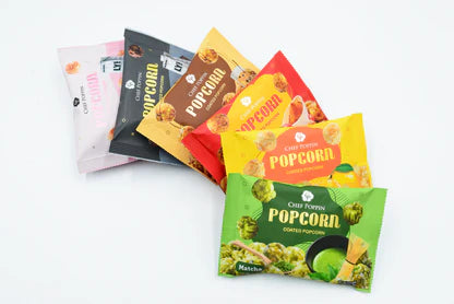 CHEF POPPIN Gourmet Coated Popcorn, Chef Poppin Melody Box - Matcha + Boba Tea + Mango + Chili + Chocolate Oat milk + Strawberry Oat milk