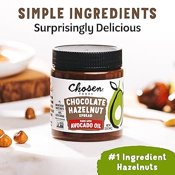 Chosen Foods Chocolate Hazelnut Spread - Made with 100% Pure Avocado Oil, Simple Ingredients, 40% Less Sugar, Vegan, Free of Palm Oil,12 oz - Pack of 2